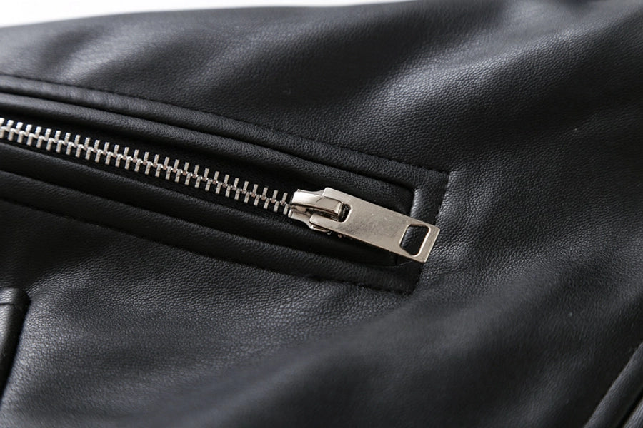 Women's Preppy Style Solid Color Zipper Leather Jacket Casual Jacket