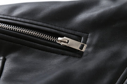 Women's Preppy Style Solid Color Zipper Leather Jacket Casual Jacket