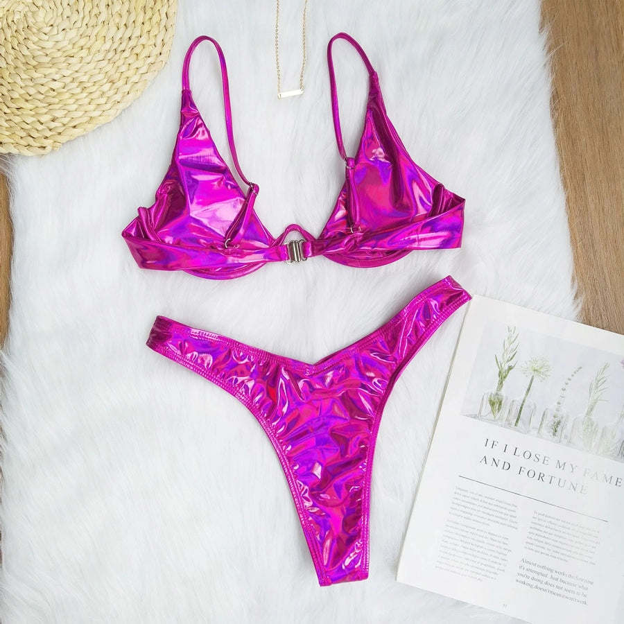 Women's Solid Color Backless 2 Pieces Set Bikinis Swimwear