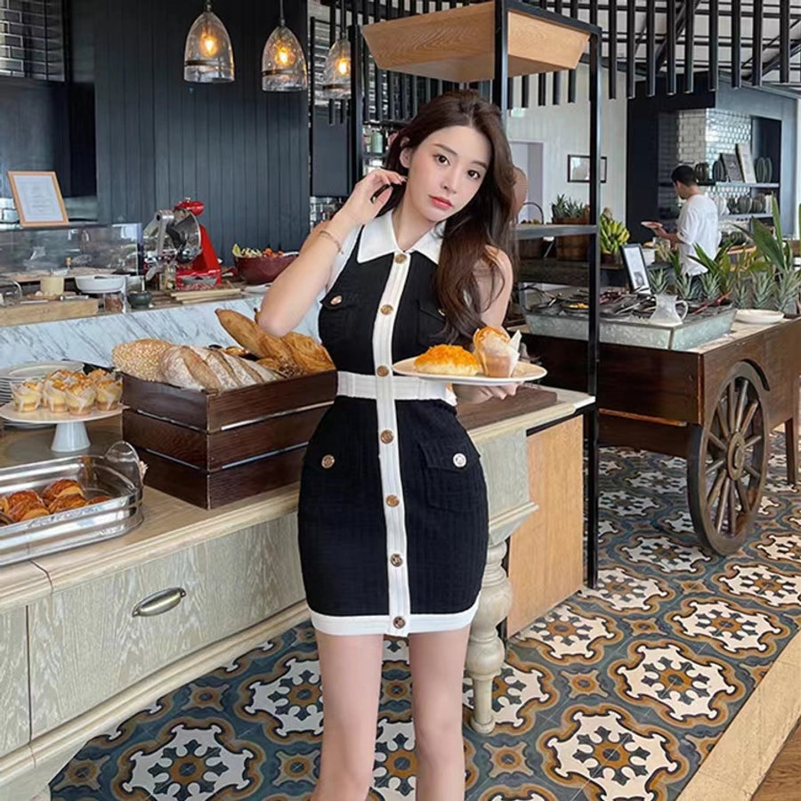 Women's Sheath Dress Elegant Turndown Contrast Binding Button Sleeveless Plaid Above Knee Daily