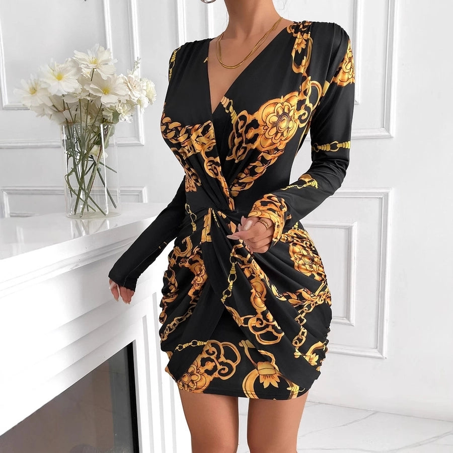 Women's Sheath Dress Vintage Style V Neck Zipper Long Sleeve chain Above Knee Travel