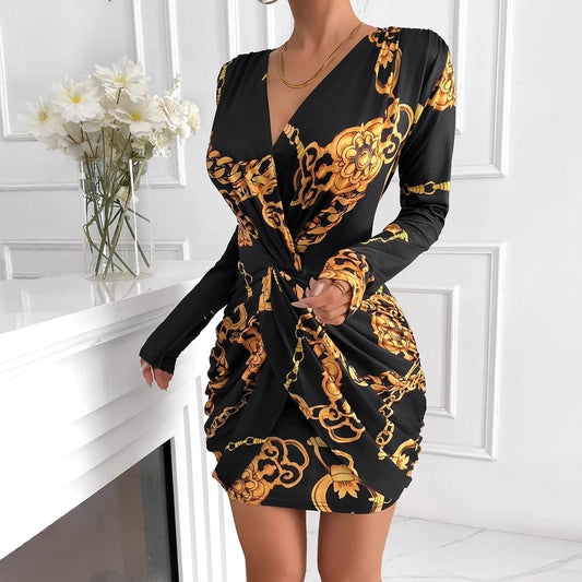 Women's Sheath Dress Vintage Style V Neck Zipper Long Sleeve chain Above Knee Travel