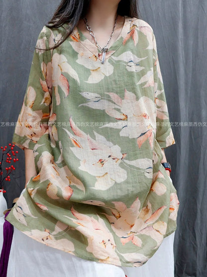 Women Summer Floral Vintage Three-Quarter Sleeve Linen Tunic Blouse