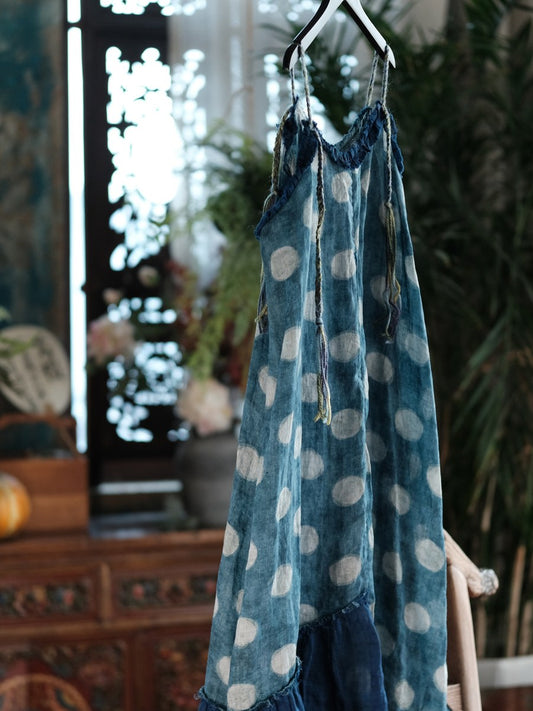 Women Summer Polka Dot Vintage V_neck Linen Maxi Dress
