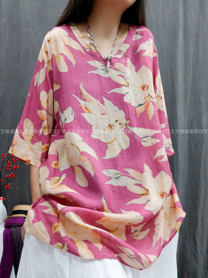 Women Summer Floral Vintage Three-Quarter Sleeve Linen Tunic Blouse