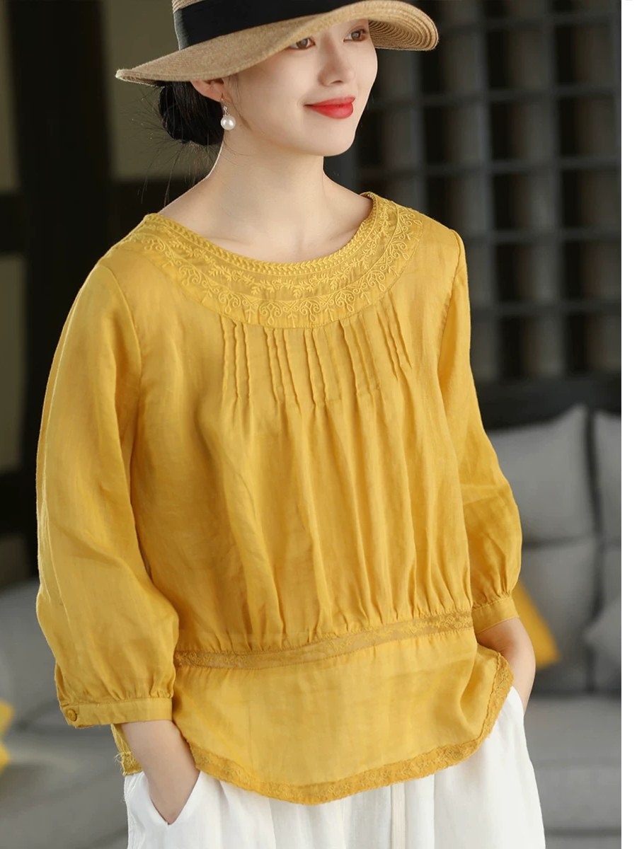 Women Summer Embroidery Vintage Three-Quarter Sleeve Linen Blouse