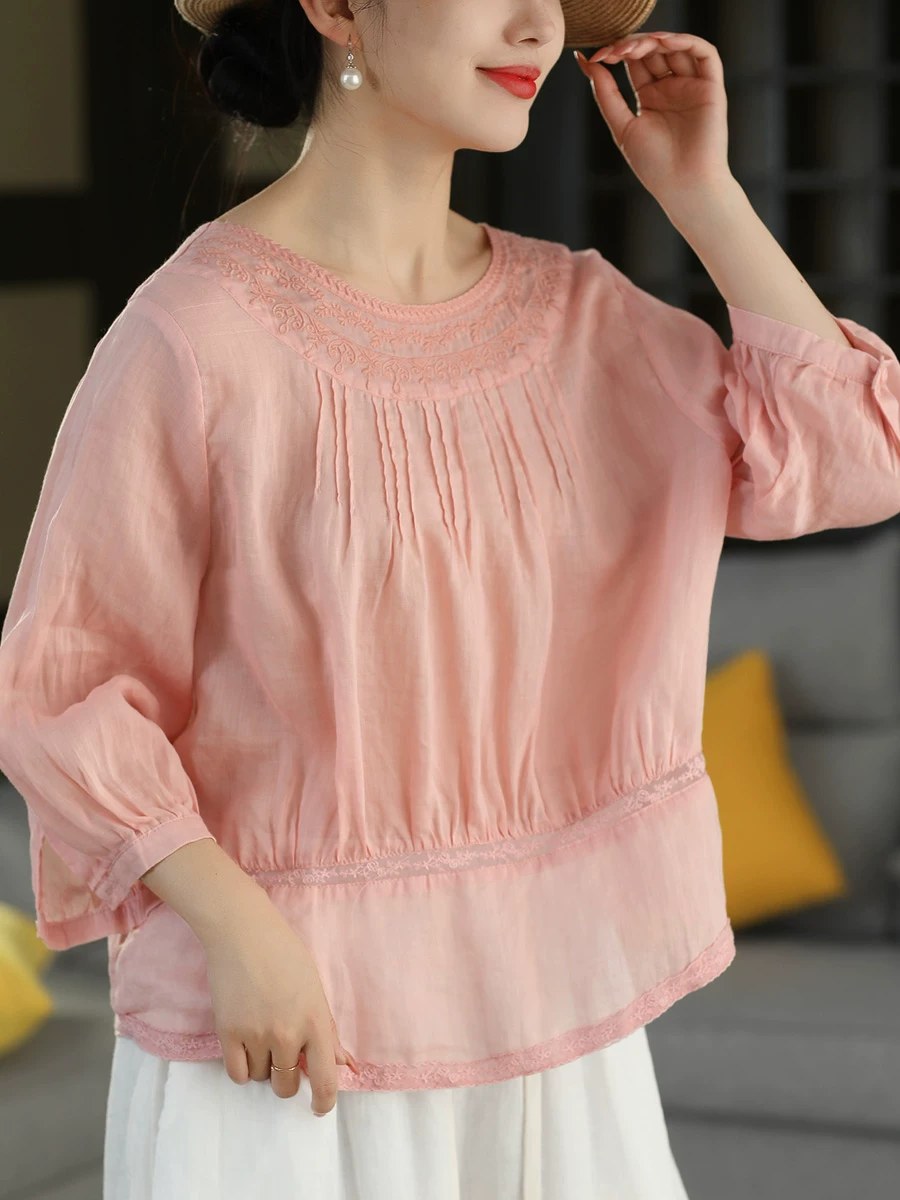 Women Summer Embroidery Vintage Three-Quarter Sleeve Linen Blouse