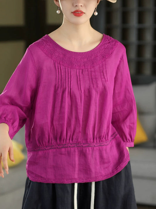 Women Summer Embroidery Vintage Three-Quarter Sleeve Linen Blouse