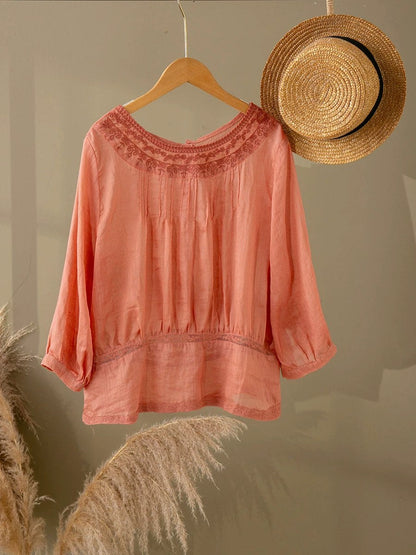 Women Summer Embroidery Vintage Three-Quarter Sleeve Linen Blouse