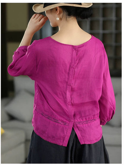 Women Summer Embroidery Vintage Three-Quarter Sleeve Linen Blouse