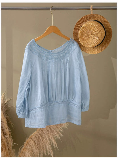 Women Summer Embroidery Vintage Three-Quarter Sleeve Linen Blouse