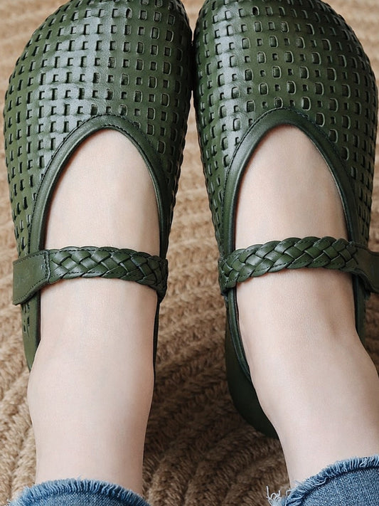 Women Spring Vintage Genuine Leather Cutout Mary Jane Flats