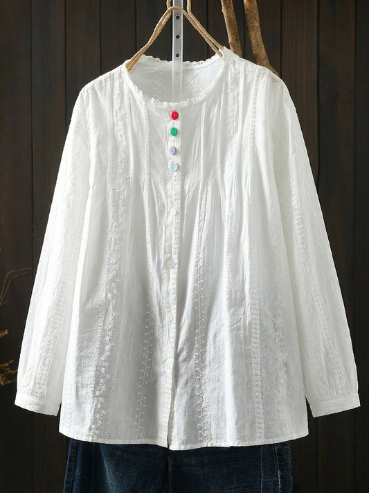 Plus Size Women Artsy Embroidery Long Sleeve Cotton Shirt