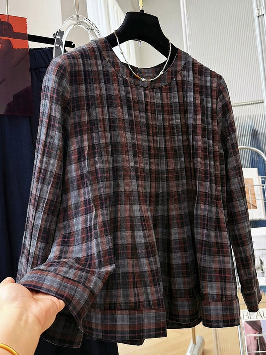 Plus Size Women Vintage Long Sleeve Cotton Plaid Blouse