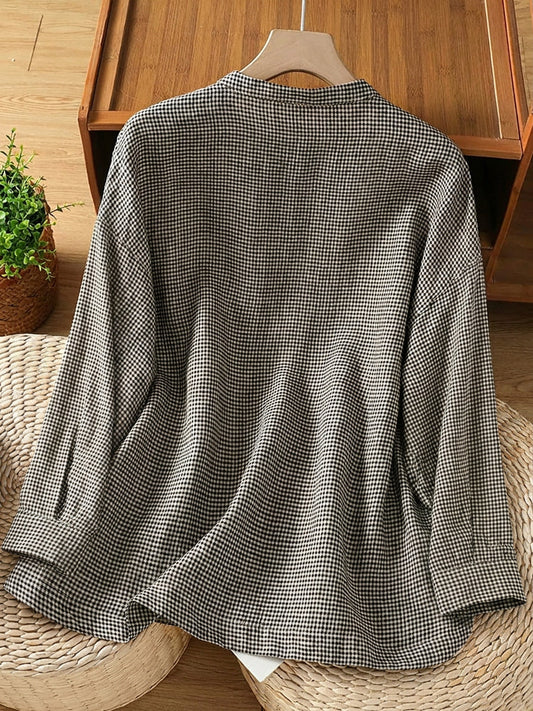 Plus Size Women Retro Lattice Stand Collar Long Sleeve Blouse