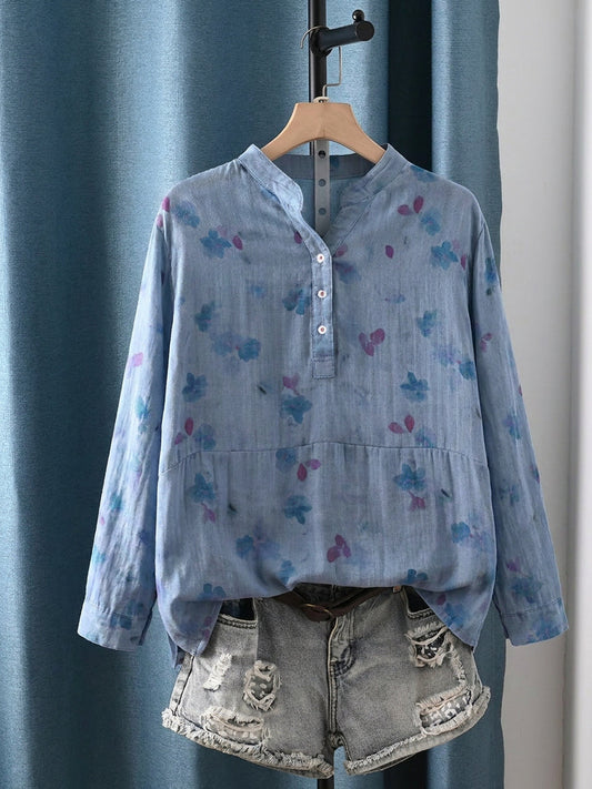 Plus Size Women Artsy Flower 100%Cotton V-Neck Long Sleeve Blouse