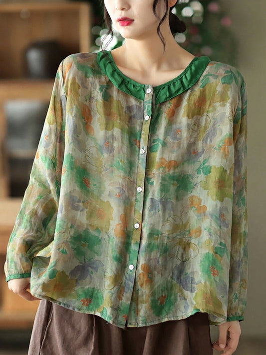 Plus Size Floral Ramie Vintage Long Sleeve Women Shirt