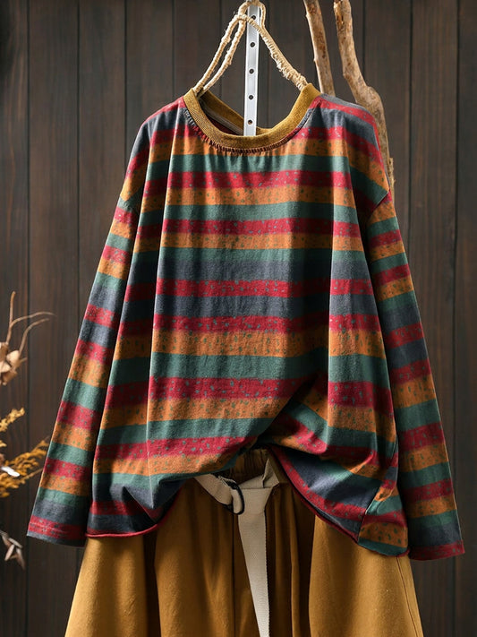 Plus Size Cotton Colorblock Stripe Long Sleeve Blouse