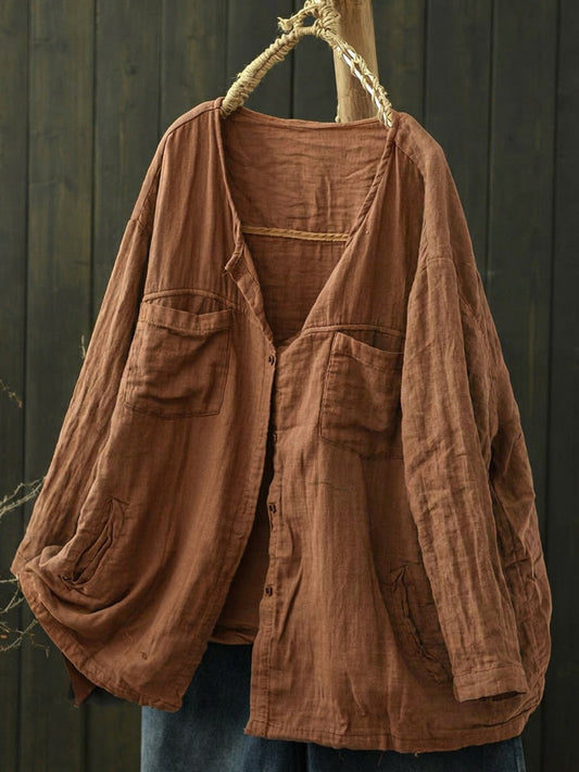 Plus Size Women Worn Pure Color V-Neck Long Sleeve Cotton Shirt