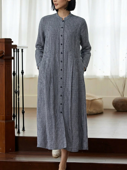 Plus Size Women Plaid 100%Linen Loose Long Sleeve Dress