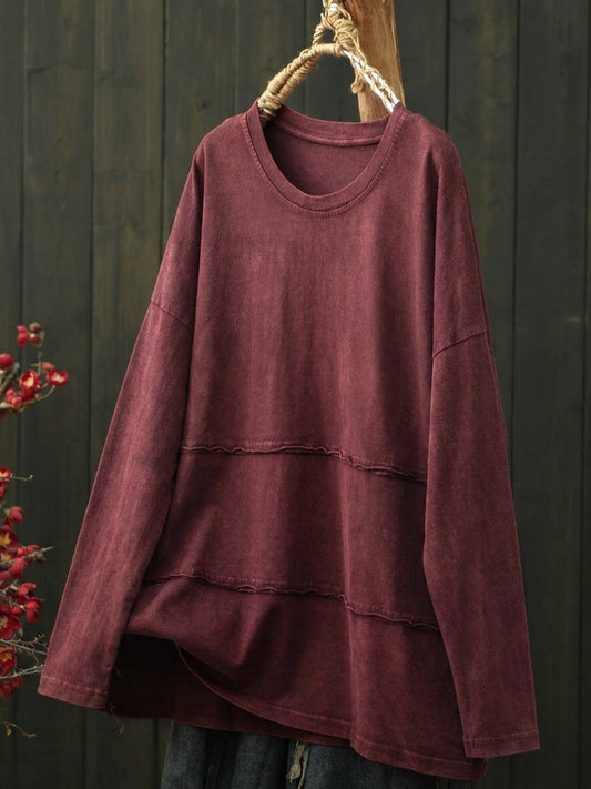Plus Size Women Retro Pure Color Cotton Long Sleeve T-Shirt