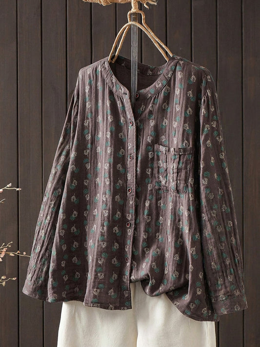 Plus Size Women Artsy Flower O-Neck Cotton Long Sleeve Blouse