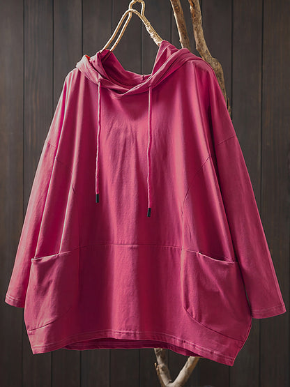 Plus Size Women Casual Pure Color Hooded Cotton Long Sleeve Hoodie