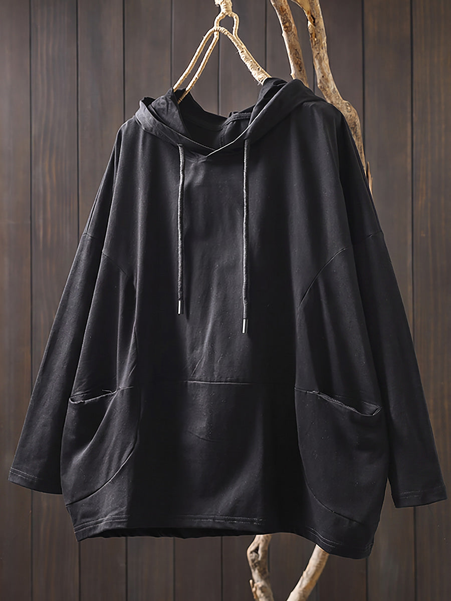 Plus Size Women Casual Pure Color Hooded Cotton Long Sleeve Hoodie