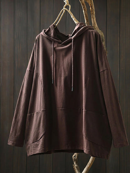 Plus Size Women Casual Pure Color Hooded Cotton Long Sleeve Hoodie