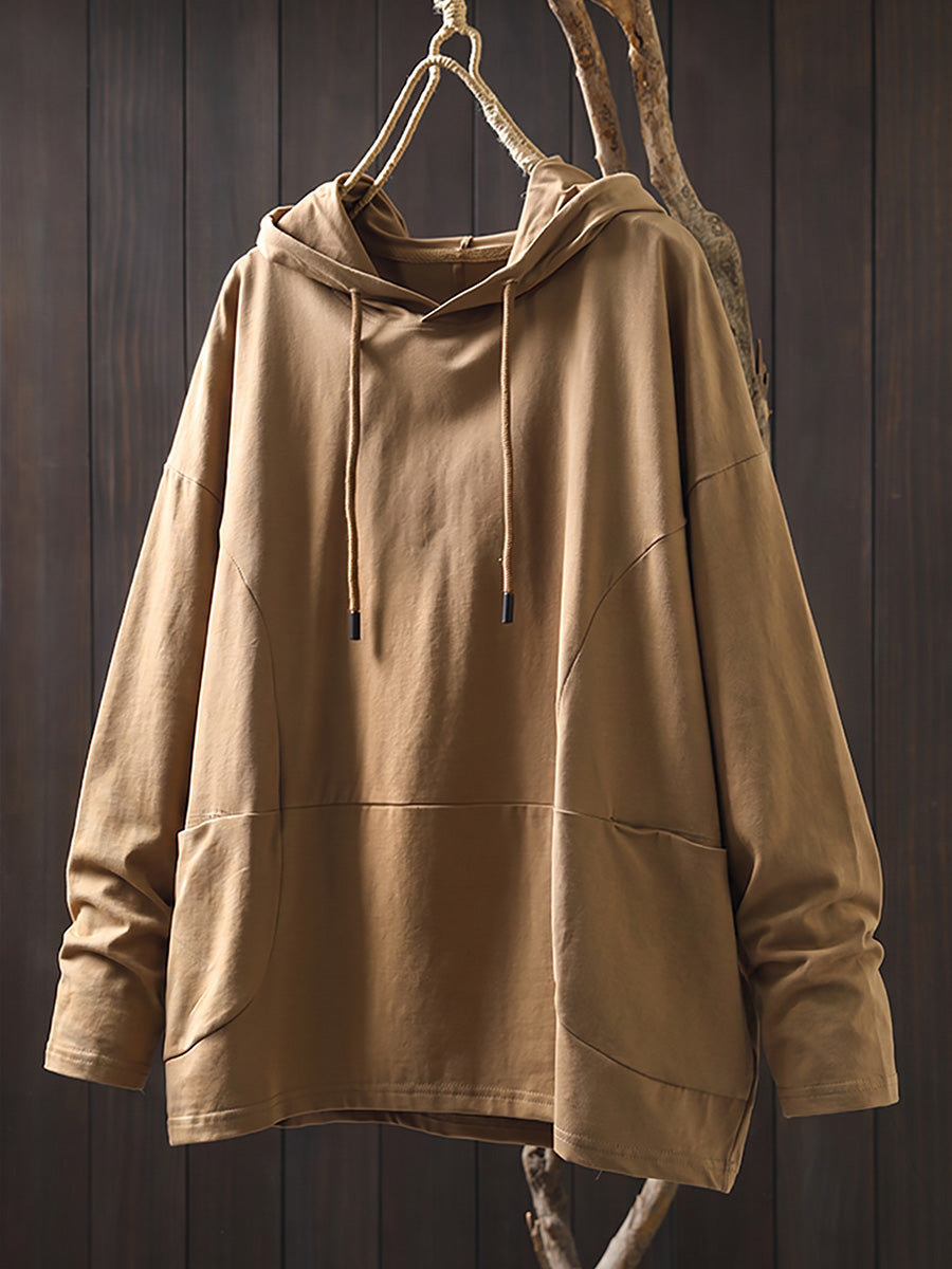 Plus Size Women Casual Pure Color Hooded Cotton Long Sleeve Hoodie