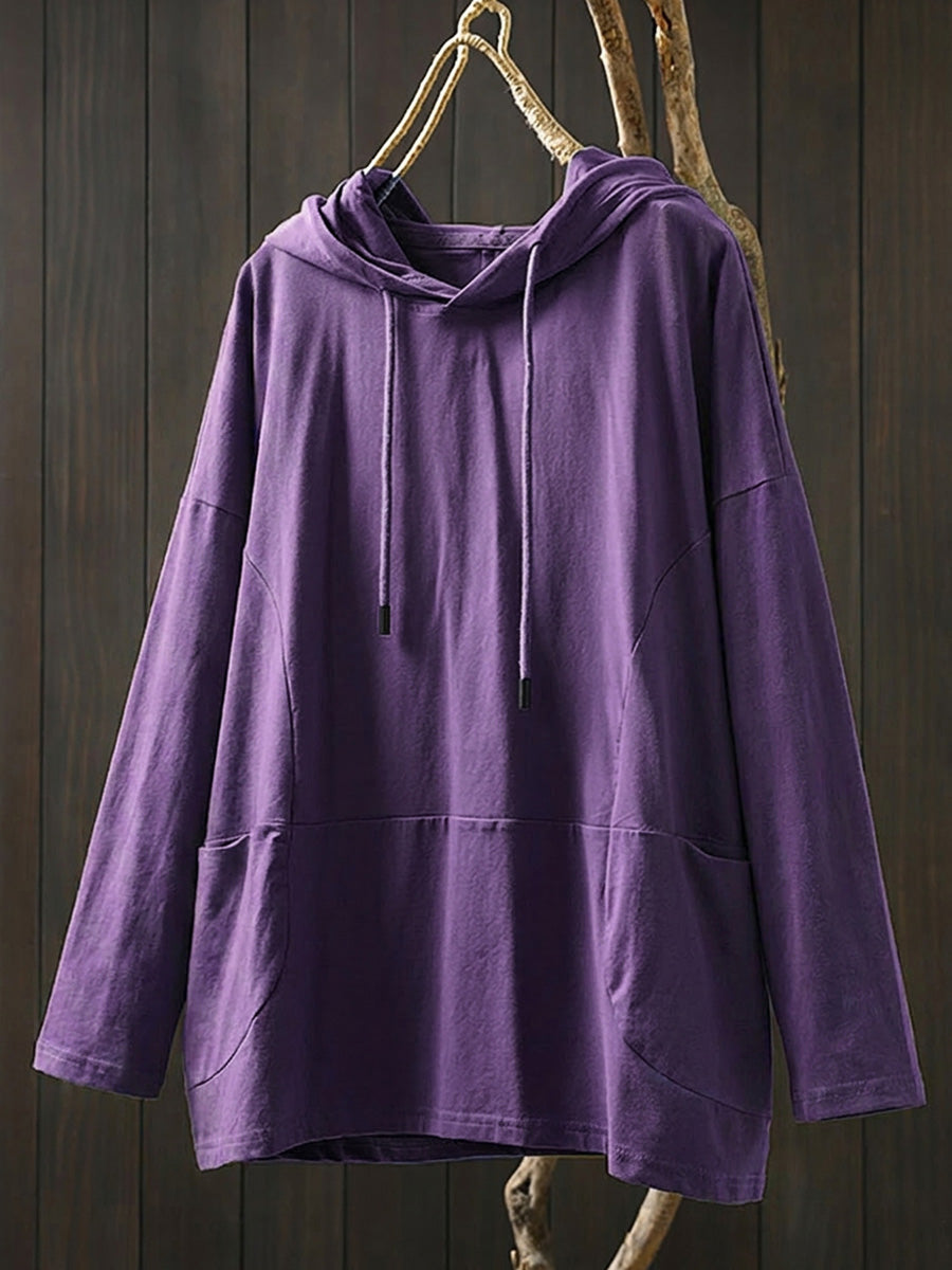 Plus Size Women Casual Pure Color Hooded Cotton Long Sleeve Hoodie