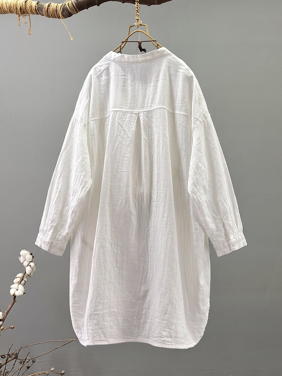 Plus Size Women Artsy Stand Collar 100%Cotton Long Sleeve Shirt