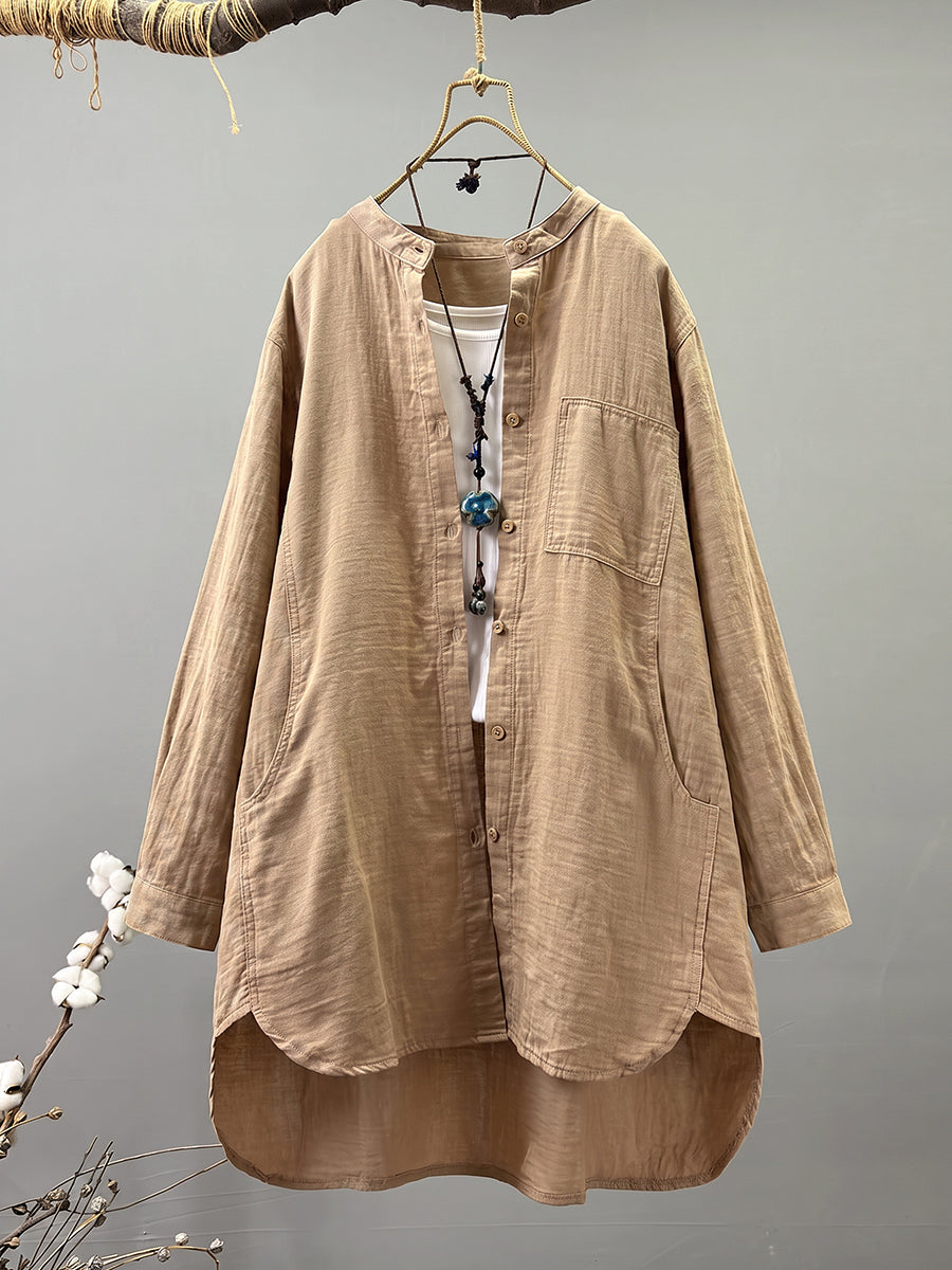 Plus Size Women Artsy Stand Collar 100%Cotton Long Sleeve Shirt