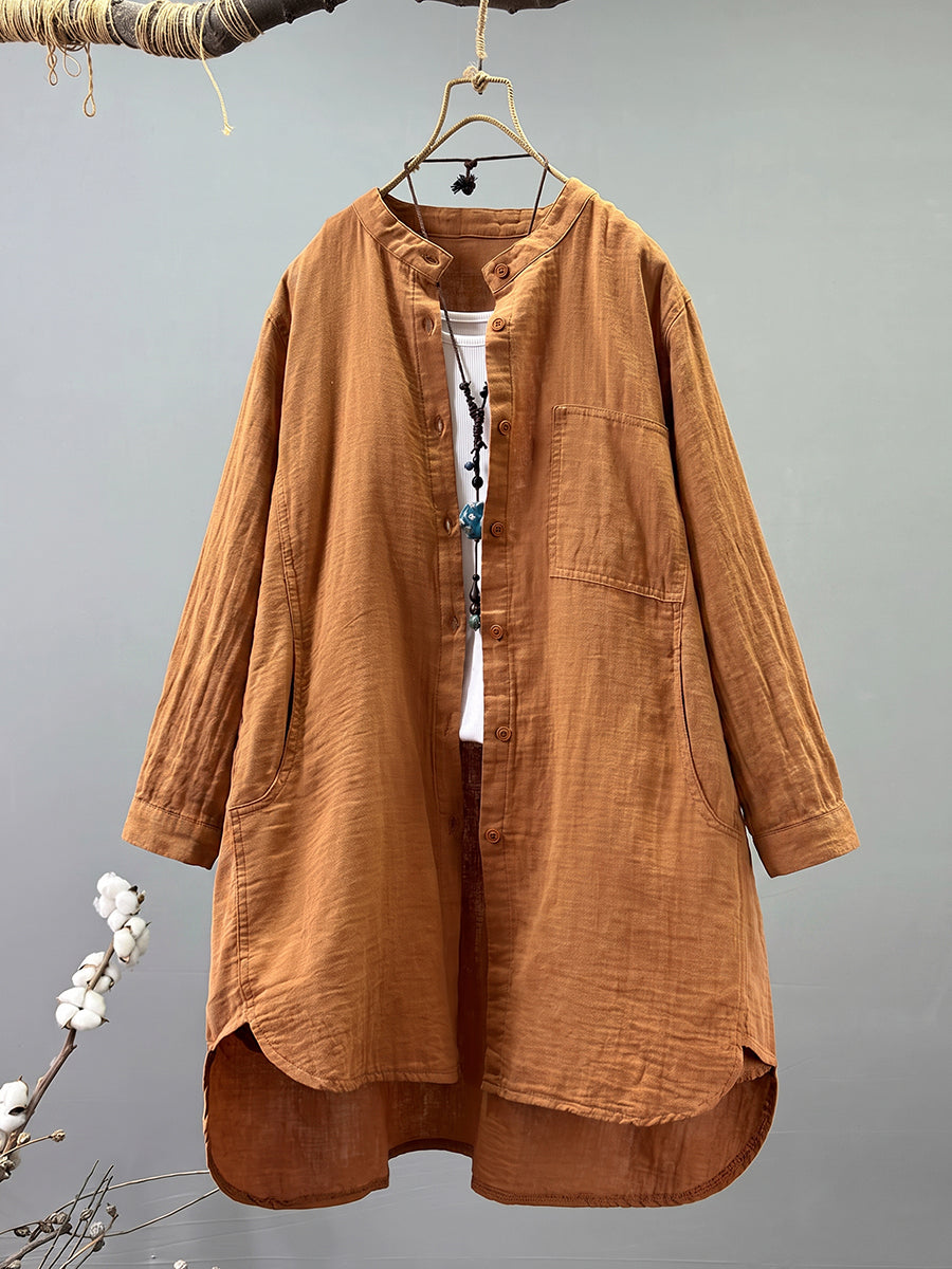Plus Size Women Artsy Stand Collar 100%Cotton Long Sleeve Shirt