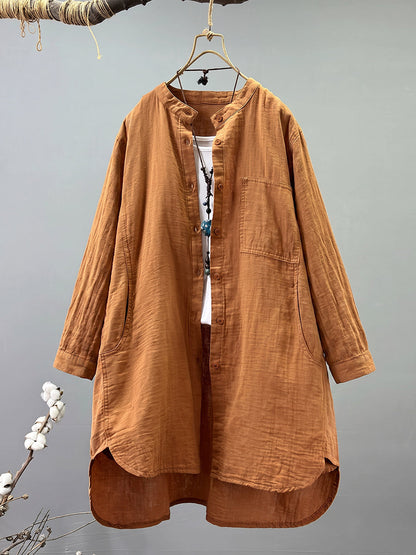 Plus Size Women Artsy Stand Collar 100%Cotton Long Sleeve Shirt