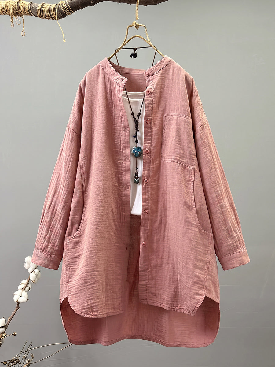 Plus Size Women Artsy Stand Collar 100%Cotton Long Sleeve Shirt