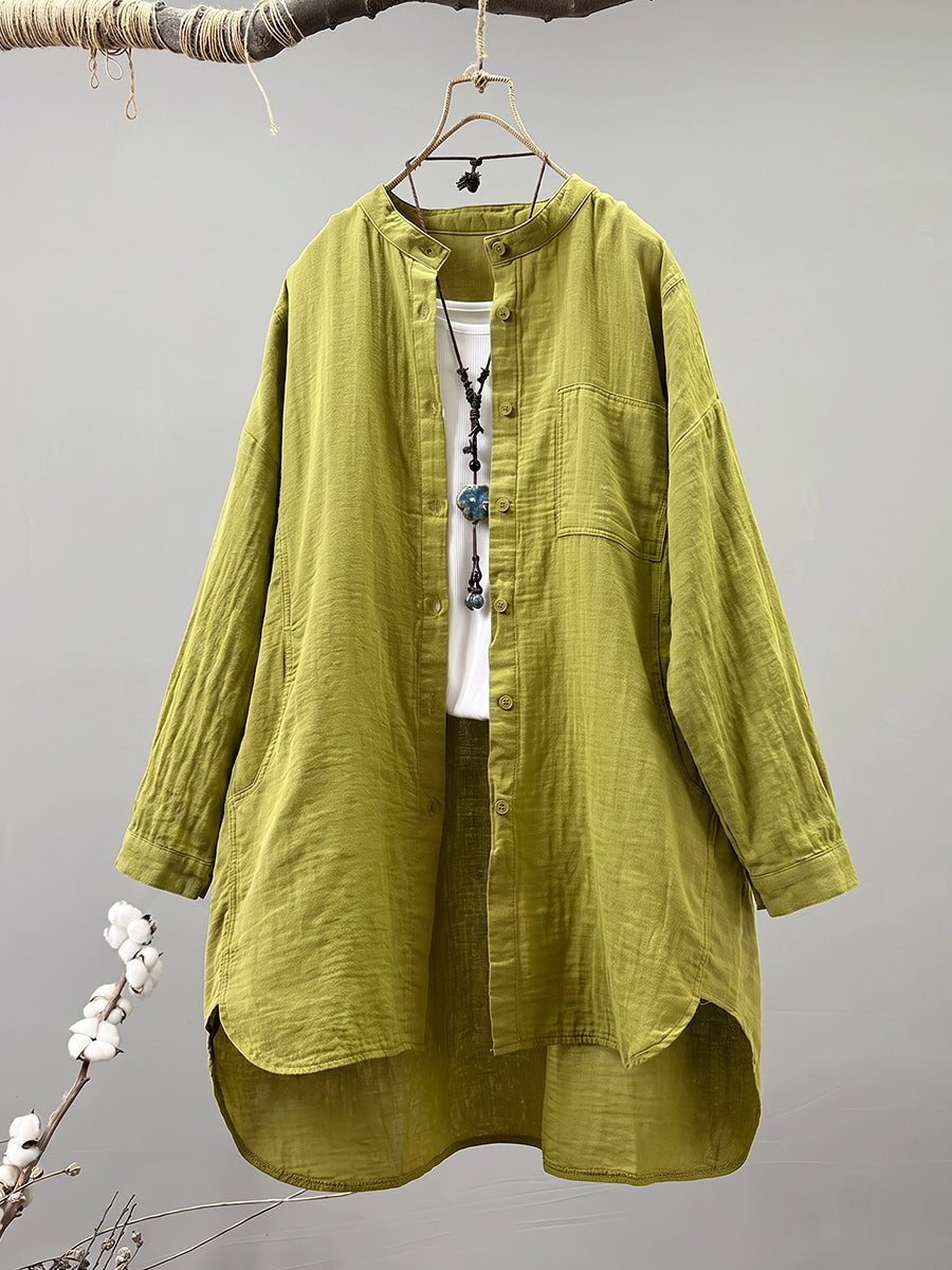 Plus Size Women Artsy Stand Collar 100%Cotton Long Sleeve Shirt