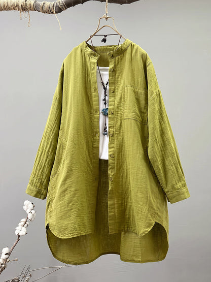 Plus Size Women Artsy Stand Collar 100%Cotton Long Sleeve Shirt
