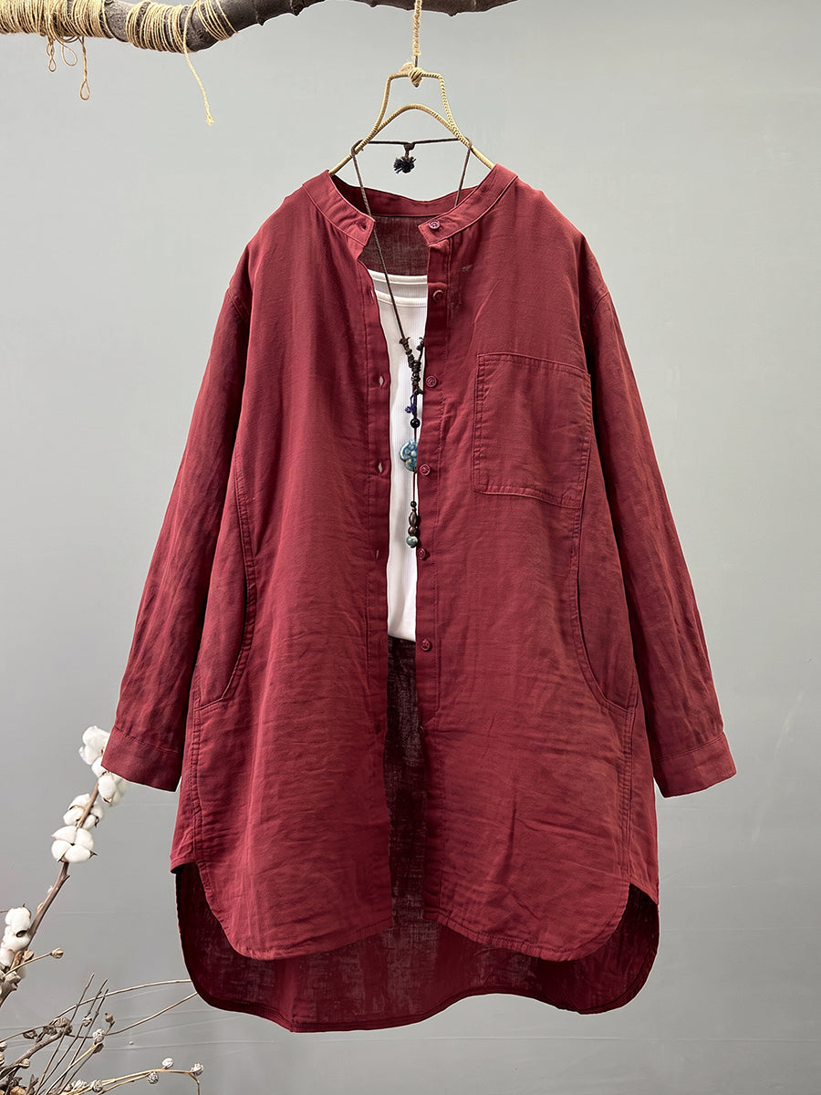 Plus Size Women Artsy Stand Collar 100%Cotton Long Sleeve Shirt