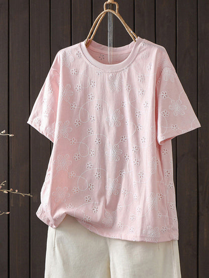 Plus Size Women Summer Embroidery Artsy Short Sleeve T-Shirt