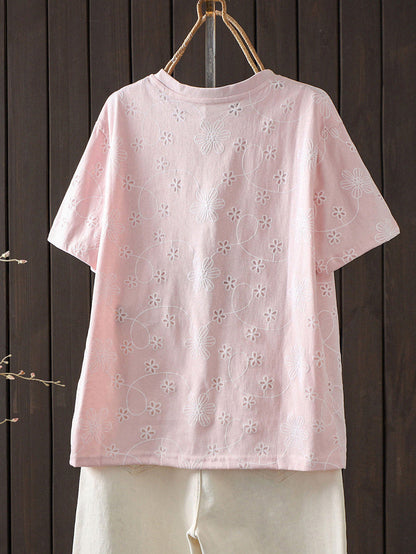 Plus Size Women Summer Embroidery Artsy Short Sleeve T-Shirt