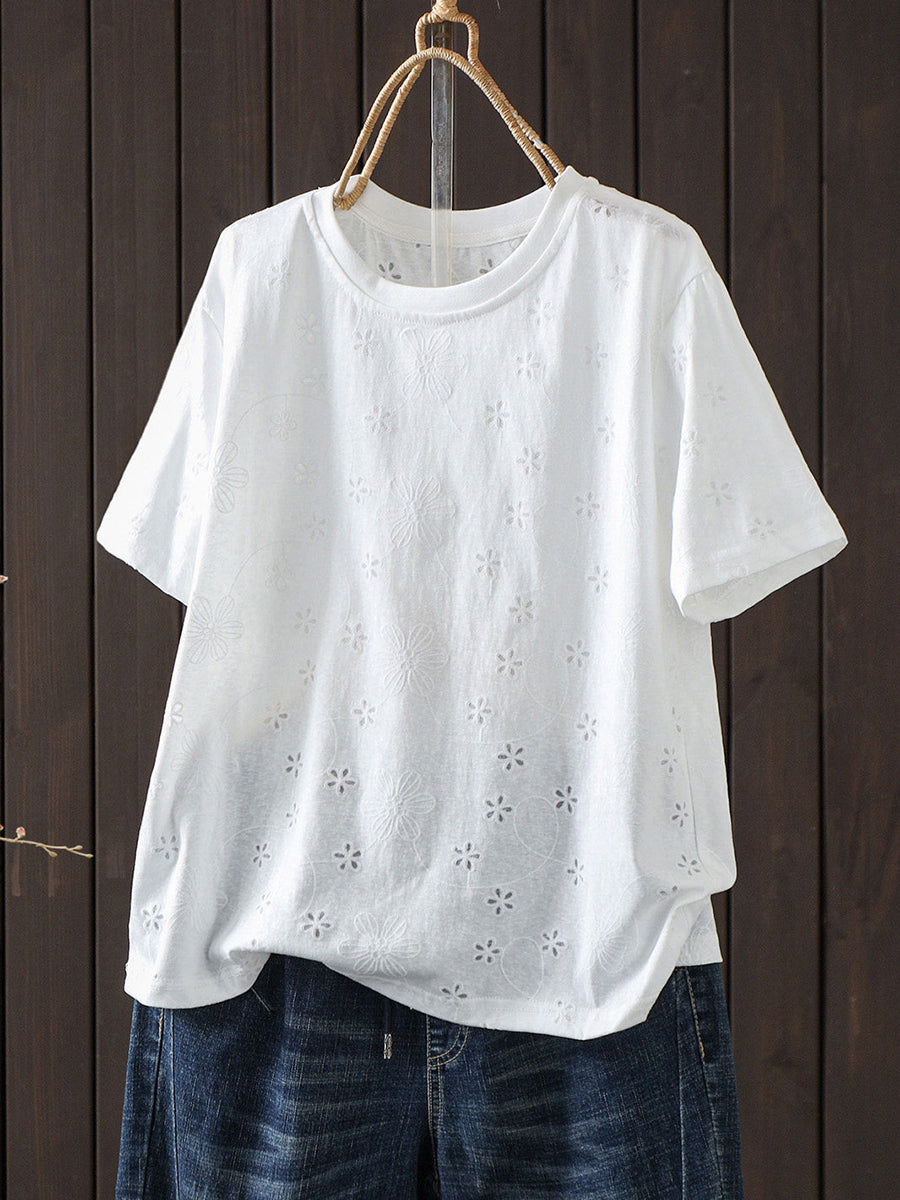 Plus Size Women Summer Embroidery Artsy Short Sleeve T-Shirt