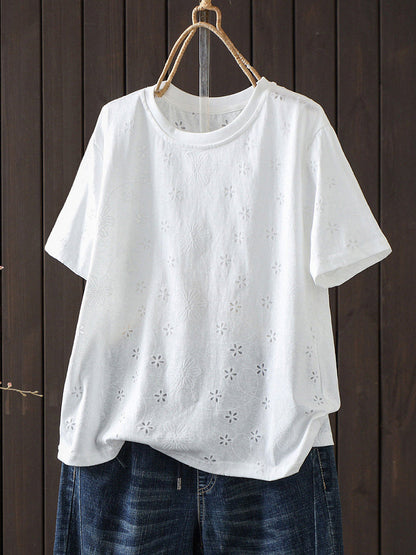Plus Size Women Summer Embroidery Artsy Short Sleeve T-Shirt