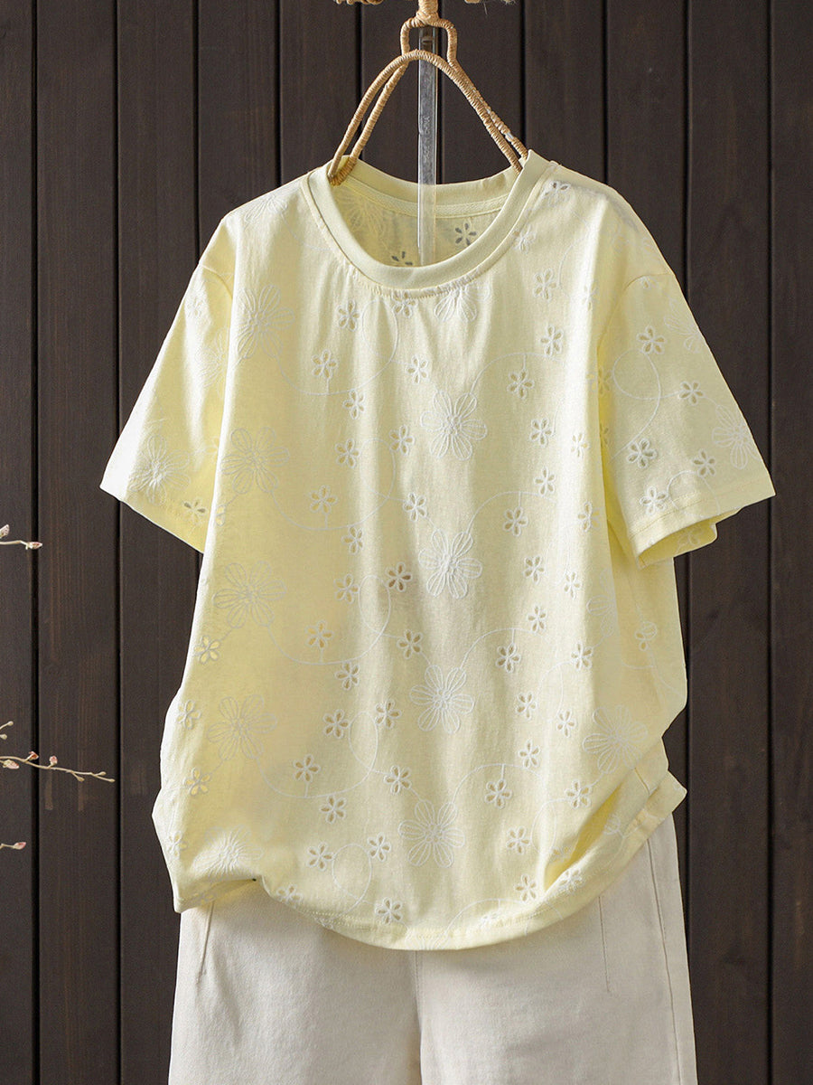 Plus Size Women Summer Embroidery Artsy Short Sleeve T-Shirt