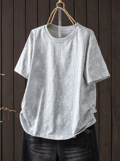 Plus Size Women Summer Embroidery Artsy Short Sleeve T-Shirt