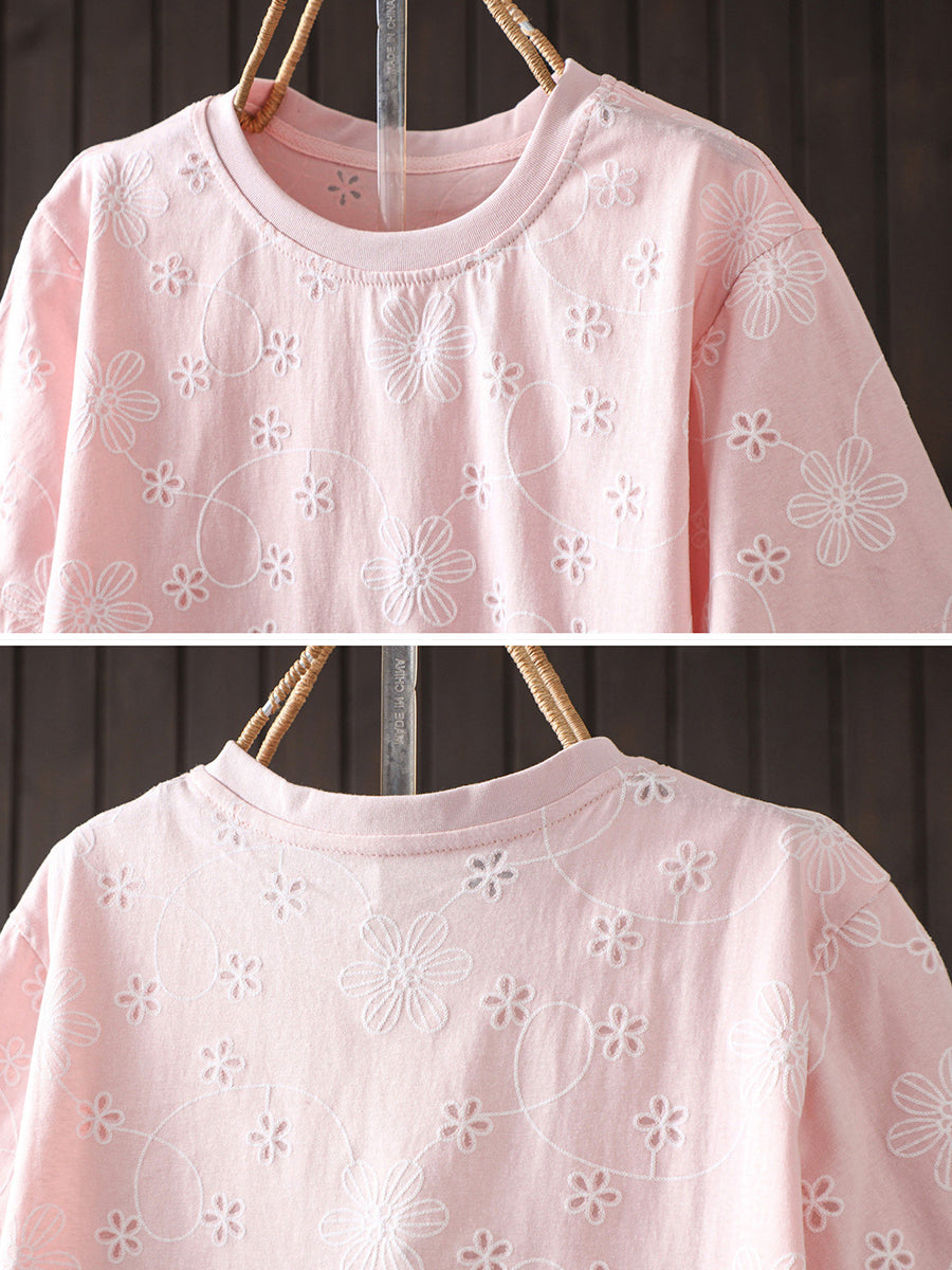 Plus Size Women Summer Embroidery Artsy Short Sleeve T-Shirt