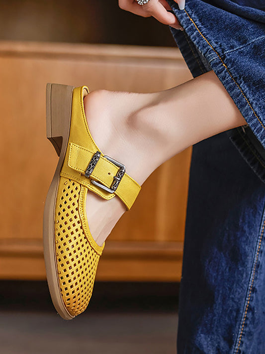 Women Genuine Leather Summer Low-Heel Slip-On Sandals