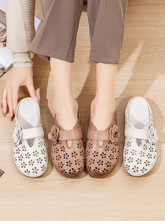 Women Retro Genuine Leather Summer Low-Heel Slip-On Sandals