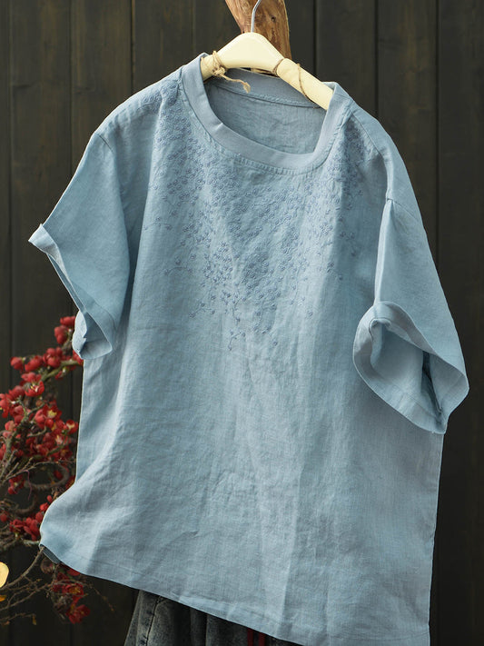 Women Summer Embroidery Vintage Short Sleeve Linen T-Shirt