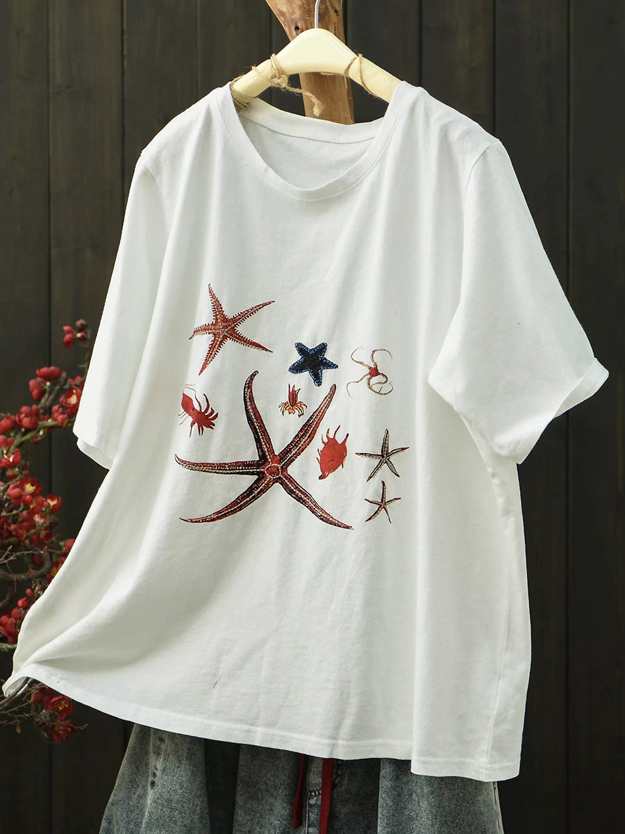 Women Summer Print Vintage Short Sleeve Cotton T-Shirt